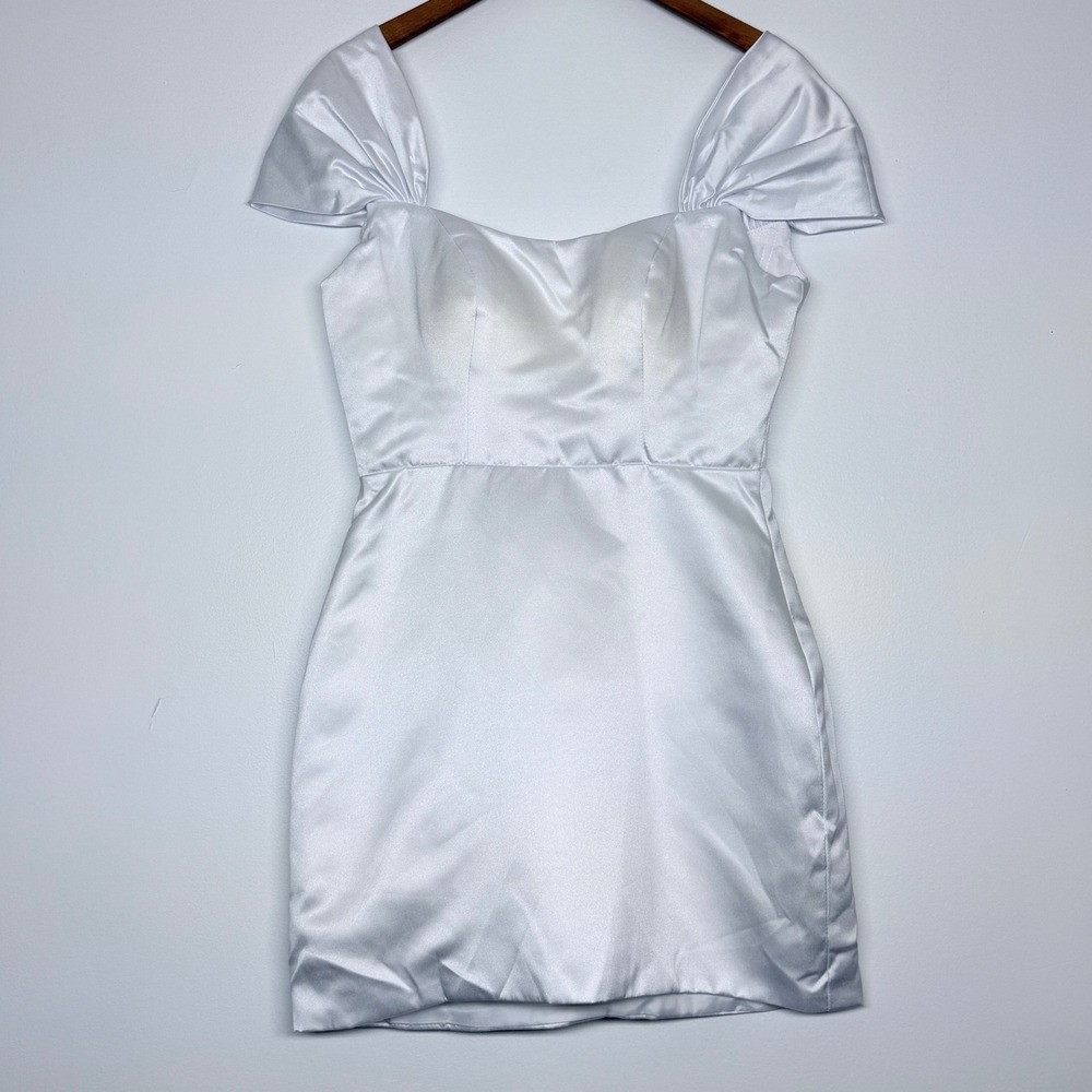 White Satin Lace Up Corset Back Mini Dress Pleated Cap Sleeve Sweetheart Neck
